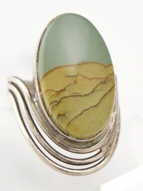 Vintage Picture Jasper Sterling Silver Ring Size 6.5 Large Oval Scenic Landscape
